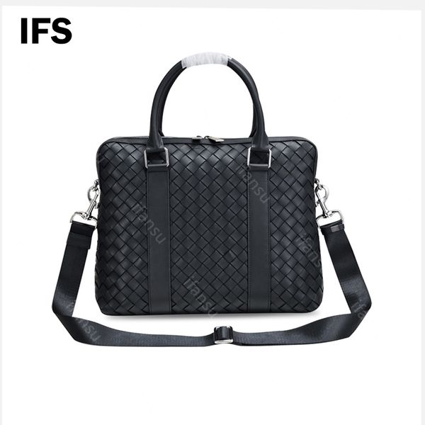 10A Bolso para computadora portátil de diseño de Lujo de Alta Gama Maletín de Marca Famosa Bolso de Cuero Superior para Hombres Bolso Individual de Negocios Tejido de Moda Estilo Minimalista Revista A4 Negro