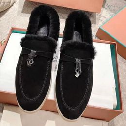 Hoogwaardige luxe LP-leer luie loafers met één voet en platte bodem voor dames, winterpluche isolatie en bontgeïntegreerde herenbonenschoenen