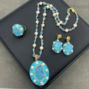 Collier de perles d'eau douce incrustées de strass de luxe, haut de gamme, couleur bleue Marine naturelle, ensemble de pierres originales, bijoux pour femmes