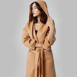 Haut de gamme MAX 2022 nouvelle marque à la mode Mara manteau pour femme manteau en cachemire double face femme moyen et long coréen à capuche épaissi coupe ajustée tweed taille américaine