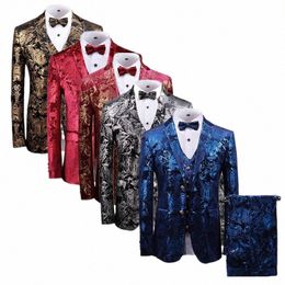 Haut de gamme Hommes Gold Veet Costume 3 pièces Ensemble Sier / Bleu / Rouge Fi Blazer et pantalon de mariage pour hommes avec gilet R7Yl #