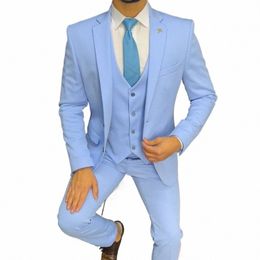 Costumes pour hommes haut de gamme Fi Notch revers bleu ciel costume Slim Fit couleur unie 3 pièces Busin formel personnalisé mariage décontracté smoking 427j #