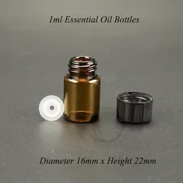 Mini botella cuentagotas de vidrio ámbar de gama alta, 1ml, frasco de muestra portátil vacío, tarro de aceite esencial recargable, tapa negra, 100 unids/lote