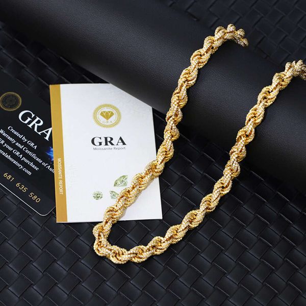 Collar de cuerda de Hip Hop de plata de ley 925 chapado en oro de nicho de alta gama, cadena torcida de 8 mm con moissanita Vvs para hombres