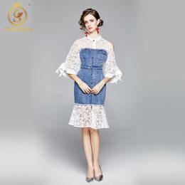 Haut de gamme Sexy bretelles Denim robes femmes mode Flare manches Patchwork simple boutonnage perles Vestido Da Festa 210520