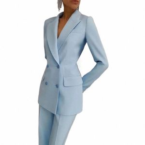 High-end Hemelsblauw Dameskostuum Slim Fit Fi Peak Revers Double Breasted Broeksets Casual Office Lady Blazer met potloodbroek H8l8#