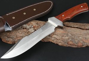 Couteau droit tactique de survie en plein air 440C lame satinée manche en palissandre couteaux à lame fixe avec gaine en cuir