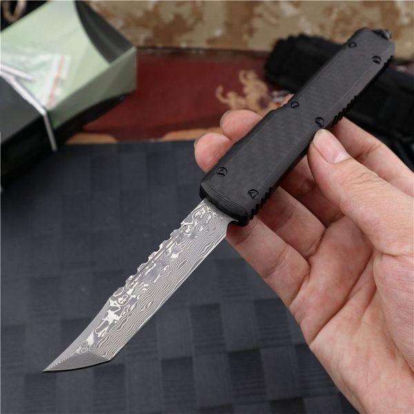 High End Ut88 Auto Tactical Couteau Damas Damas Steel Blade CNC Aviation Aluminium avec poignée en fibre de carbone EDC Pocket Gift Couteaux avec sac en nylon et outil de réparation