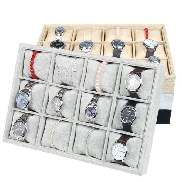 Haut de gamme Velours Boîte à Bijoux Bracelet Montre Plateau Bijoux Présentoir Titulaire Boutique Bijoux Stockage 12 Grille Petit Oreiller Tray240A