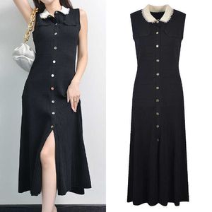 High -end versie van S Home Parisian Niche Design Black Dames Lange jurk met Franse mouwloze kanten kraag en taille cinche jurk
