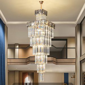 High-end villa trap lamp duplex gebouw kroonluchter licht luxe vierkante kristallen lamp woonkamer lange kroonluchter