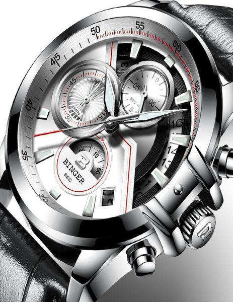 Montre haut de gamme Suisse Binger Quartz Watch Men Men Calendrier Chronograph Sapphire HD STRAP DE CUIR LUMINÉ MONTRE HOMME8943004