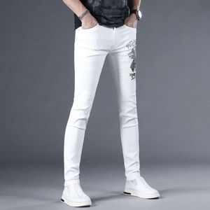 Jean brodé blanc haut de gamme pour hommes, coupe Slim et petits pieds, nouveau pantalon élastique tendance pour hommes, fin, été 2024