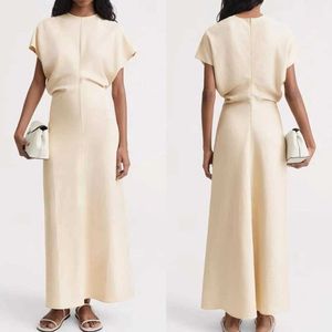 High-end dames elegante effen kleur linnen viscosemix rijk taille een lijn bescheiden ontwerp lange zomerjurk