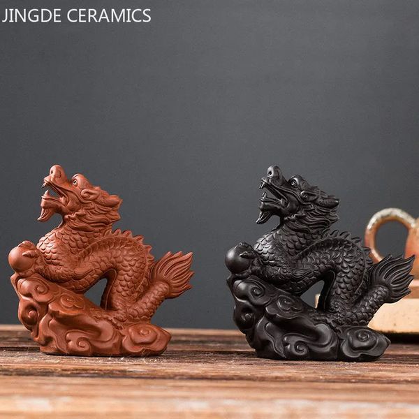 Haut de gamme Yixing violet argile thé animal de compagnie Sculpture à la main Dragon ornements bureau chanceux décor artisanat chinois service à thé décoration 240110