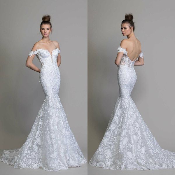 Vestidos de novia de sirena blanca de alta moda vestidos de novia Vestidos de novia sin espalda de encaje Pnina Tornai 2020 Vestidos de boda de playa con hombros descubiertos