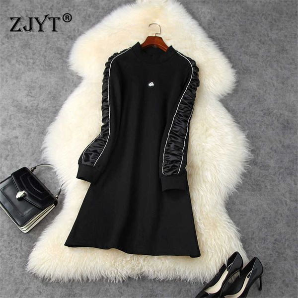 Alta moda mujer manga larga soporte cuello rodilla longitud negro casual vestido suelto otoño invierno ropa vestidos femeninos 210601