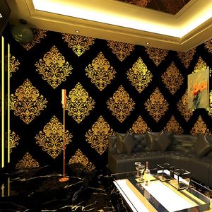 Papel de pared de PVC de vinilo lavable de Damasco 3D metálico con textura en relieve de lujo negro dorado rojo de alto grado