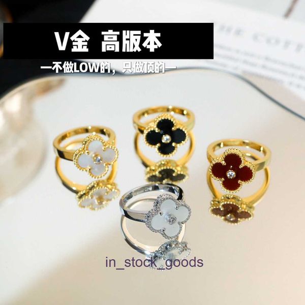 Bague de créateur de haute qualité Vanclef V Gold High Edition Plaqué épais 18K Trèfle Fleur unique avec diamant Blanc Fritillaria Bague en agate noire Original 1: 1 avec un vrai logo