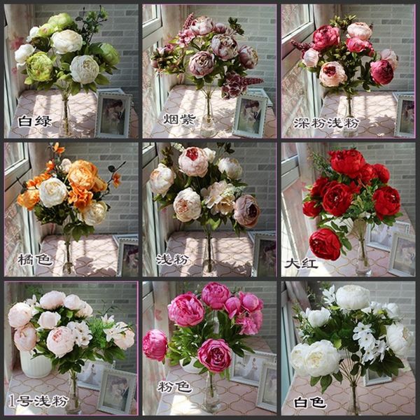 Haute qualité imitation pivoine fleur faux pivoine bouquet européen rétro peinture à l'huile style soie fleur décoration dans le salon