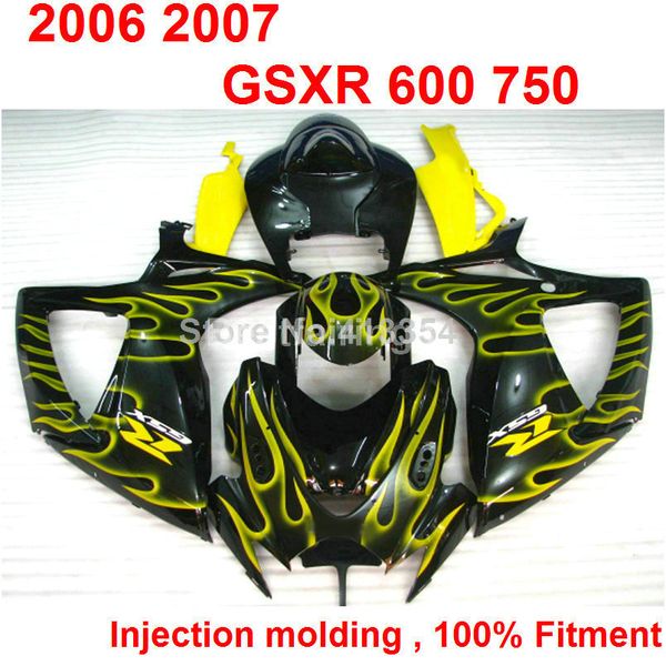 Kit de carénage de moulage par injection de haute qualité pour SUZUKI GSXR600 GSXR750 2006 2007 carénages de flammes jaunes noires GSXR 600 750 06 07 GG45