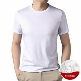 Tela de seda de leche de alta calidad Nueva camisa de color sólido Camiseta de cuello redondo para hombres 2023 Verano de manga corta Casual Fi Ropa para hombres 47C4 #