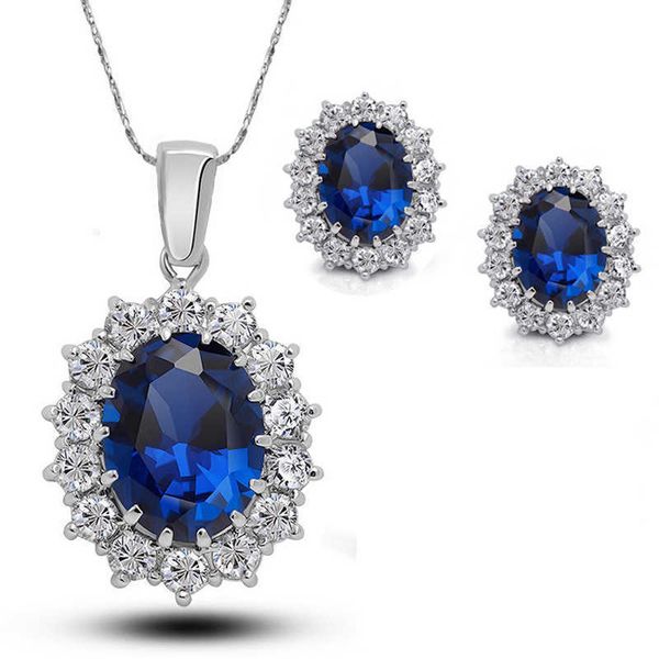 Ensemble de collier et boucles d'oreilles princesse royale bleu étincelant de haute qualité, bijoux 3625