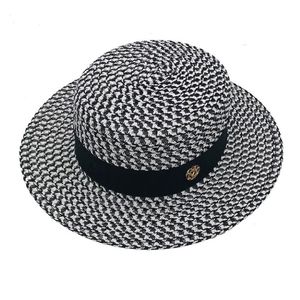 Hoogwaardige zomer zwart witte geruite plaid wijd rand plat bot hoed lente vrouwen gras vlecht zon hoed feestje formele cap259a
