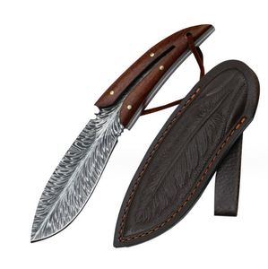 Cuchillo multiusos para acampar de alta dureza, cuchillos de caza de supervivencia con funda de cuero, mango de madera, cuchillo con hoja de patrón de Damasco, herramienta