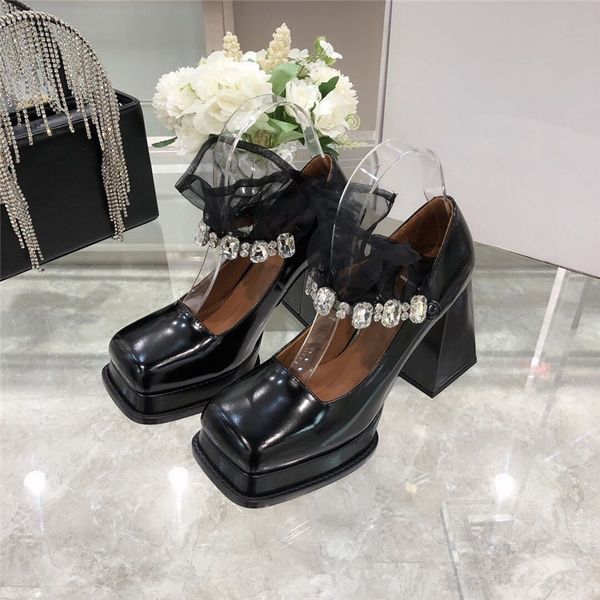 Sandalias Mary Janes con plataforma de tacón alto, zapatos de tacón con punta cuadrada de cuero negro brillante para mujer, zapatos de fiesta para chica a la moda