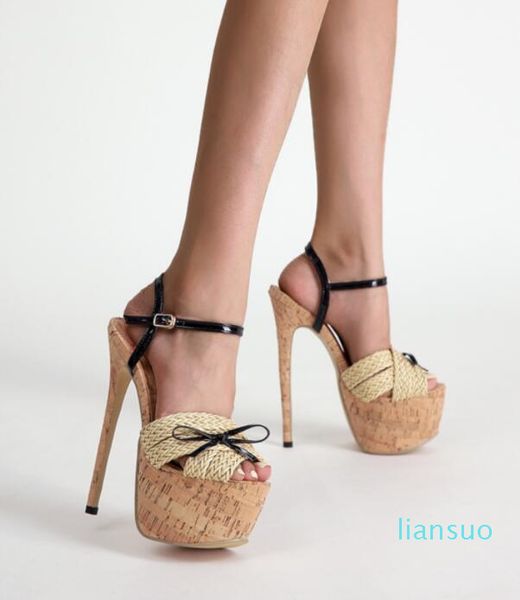 Tacón alto Sandalias Butterfly-nudo Sandalias de plataforma tejida para mujeres zapatos de madera abiertos con correa de hebilla