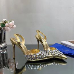 Sandalias de tacón alto a la moda para mujer, zapatos de fiesta con decoración de diamantes de imitación, zapatos de marca de diseñador de lujo, sandalias de cuero con punta de malla