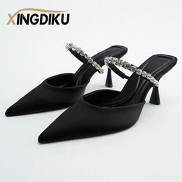 Hoge hak sandalen zomer puntige teen stiletto zwarte sexy dames sandalen strass pailletten grote slippers schoenvrouw vrouw 240409