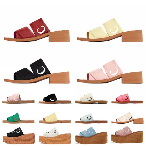 Sandalias Woody de tacón alto Lino bordado Mula plana Zapatillas de diseñador Mujeres famosas Diapositivas Alpargata Cuña Plataforma Mocasines Zapatos Moda Summber Slliders Coach