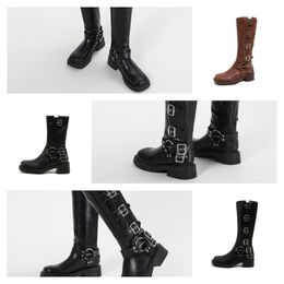 Botas de tacón alto, zapatos de mujer de tacón grueso, botas de cuero con cremallera y letras con cordones, tacones de moda para mujer, talla 35-42