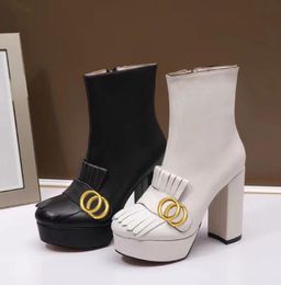 Hoge hakken laarzen ontwerper Soft Cowhide Autumn Winter Coarse Heel Dames schoenen 100 Echt lederen rits met metalen metalen Buckle Lady H897877777