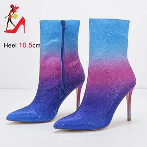 Hooghakken met korting enkel Handgemaakte laag geprijsde Rainbow Women's 414 Rhinestone Wedding Party Pointed Silk Short Boots Shoes 231124 767