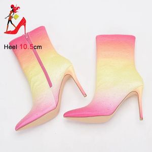 Hooghakken met korting met goed geprijsde dames 492 roze enkel Rainbow Handmade Crystal Rhinestone Wedding Peited Silk Boots Shoe 231124 49466