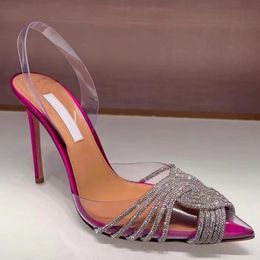 Sandalias de tacón alto para mujer Diamantes de imitación de moda Diseñadores adornados Zapatos de vestir Tacón de aguja de PVC transparente de alta calidad Cena Fiesta Dama sandalia 4-11