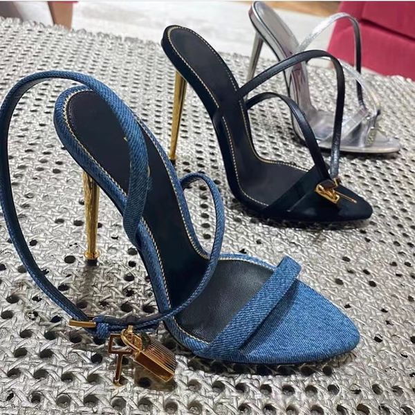 Sandalias de tacón alto para mujer Diseñador de lujo Golden Lock decorar Zapatos de vestir para mujer Cuero genuino 10.5 CM Tacones de metal Sandalias de tacón de aguja para mujer sexy con caja