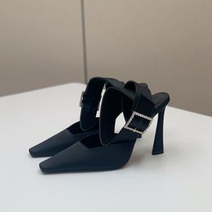 Hoge hakken Amandelvormige tenen Blade-kristallen verfraaide satijnen pumps Zijgesp Feestjurkschoenen Stilettohak Luxe ontwerpers fabrieksschoenen voor dames