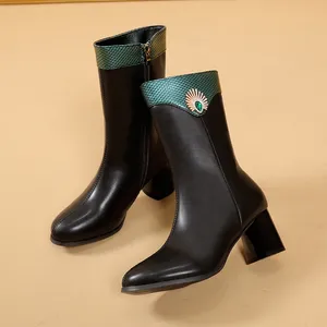 Hoge hakken Nette schoenen Enkellaarsjes met spitse neus Retro designer luxe merk Dames Moeder Vrouw Dames Blote feestlaarzen Zwarte laarsjes Dunne hakken Mode