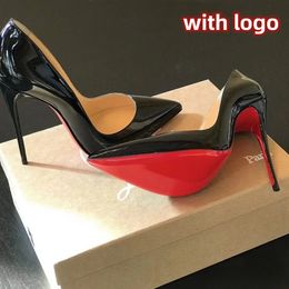 Sandales à talons hauts pour femmes, chaussures pointues de styliste, fond rouge brillant, cuir verni noir nu, talon fin de 8 cm, 10 cm, 12 cm, chaussures de mariage d'été de luxe avec sac à poussière 34-44