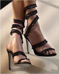 Sandales à talons hauts pour femmes, nouvelle bouche de poisson, goutte d'eau, serpent enroulé, grande taille, strass, sandales à talons fins, 2023