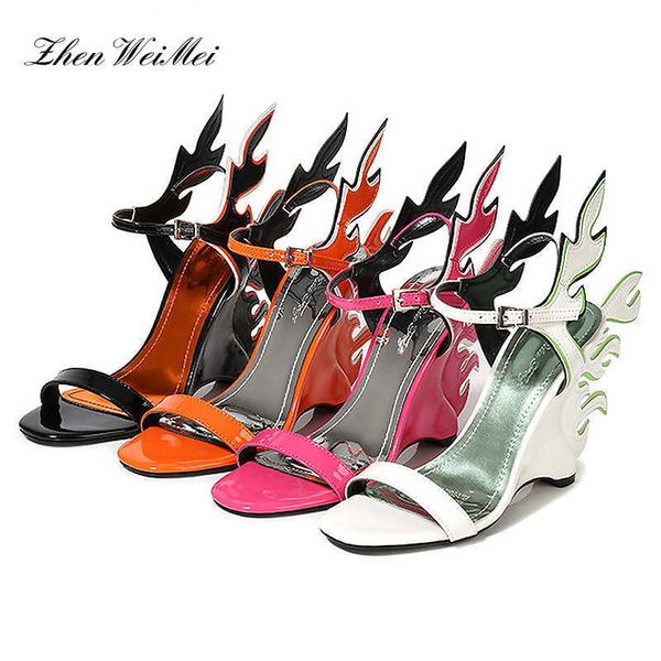 Sandalias de tacón alto para mujer, zapatos de boda de verano para mujer, cuñas de plataforma, sandalias informales grandes de 10cm con llama para reunirse, sandalias naranjas Y0608