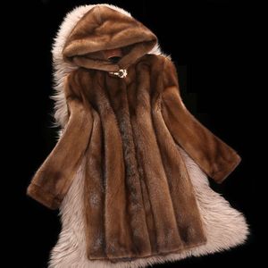 Hoge imitatie hele jas, dames nertsbont nieuwe middellange stijl met capuchonbont, wintervrijetijdskleding 362510