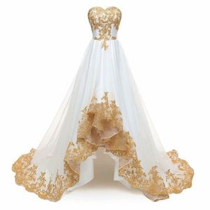 Robes de mariée à faible ligne une ligne courte blanche et or Vintage Bridal Vinal Sans manches sans bracele