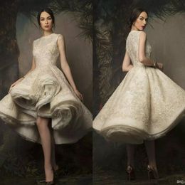 Hoge Lage Baljurk Jurken Avondkleding 2019 Krikor Jabotian Met sieraad Mouwloos Knielengte Kant Galajurken met Pailletten An184v