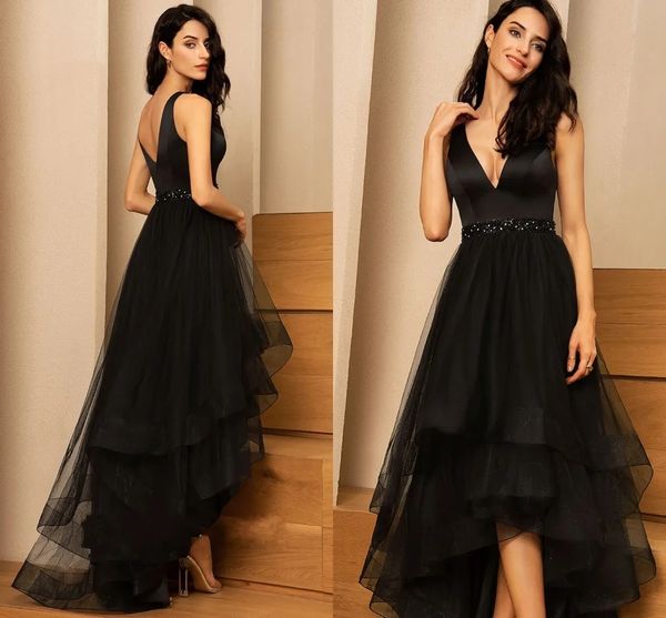 Robe de bal noire à perles hautes et basses, col en V, asymétrique, en tulle, robes de soirée pour la maison, sur mesure, robes de soirée, 2024