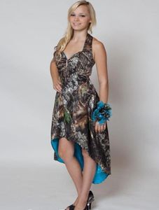 Hoog Laag Goedkope Camo Party Bruidsmeisjesjurken halter Korte voorkant Lange achterkant Blauw satijnen backless gala-avondjurk voor bruiloften6298868